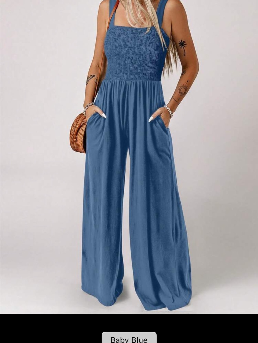 SHEIN Baby Blue Smocked Wide-Leg Jumpsuit